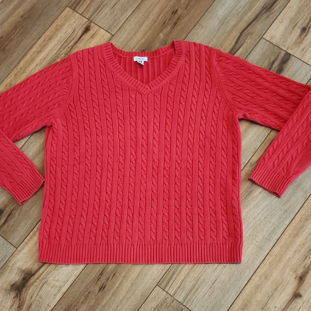 Izod Women's V-Neck Cable Knit Cotton Sweater Burnt Orange Size XL